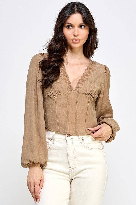 V-Neck Lace-Trim Puff Sleeve Blouse: BLACK / S-M-L/2-2-2