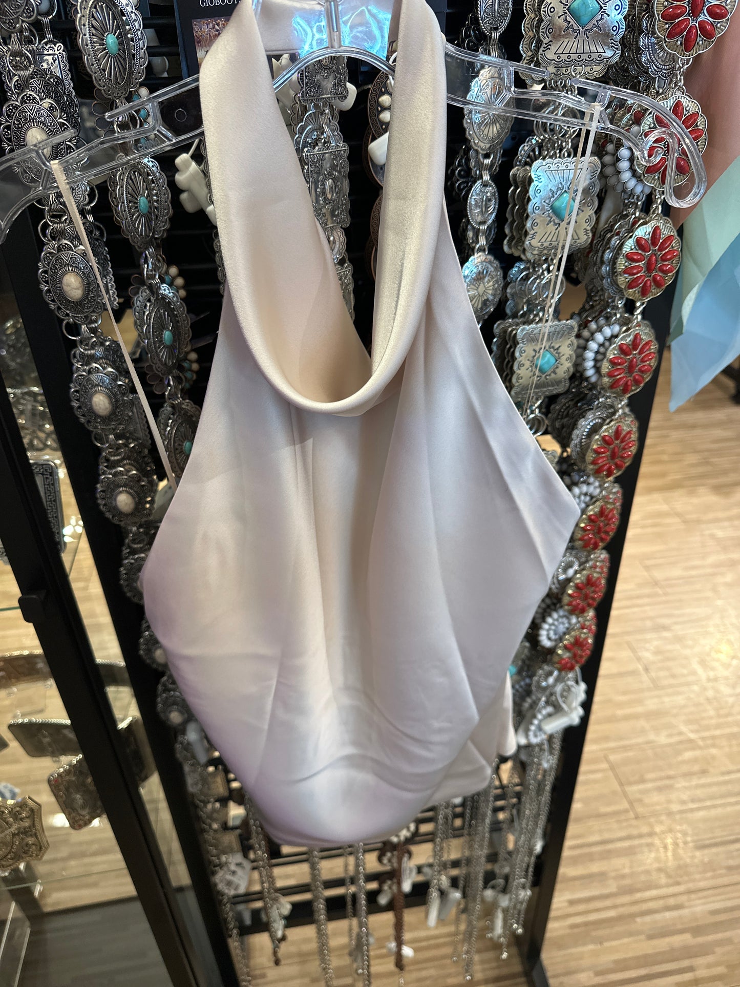 Beige Satin Cowl Neck Top