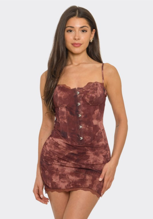 Printed Mesh Corset Mini Dress