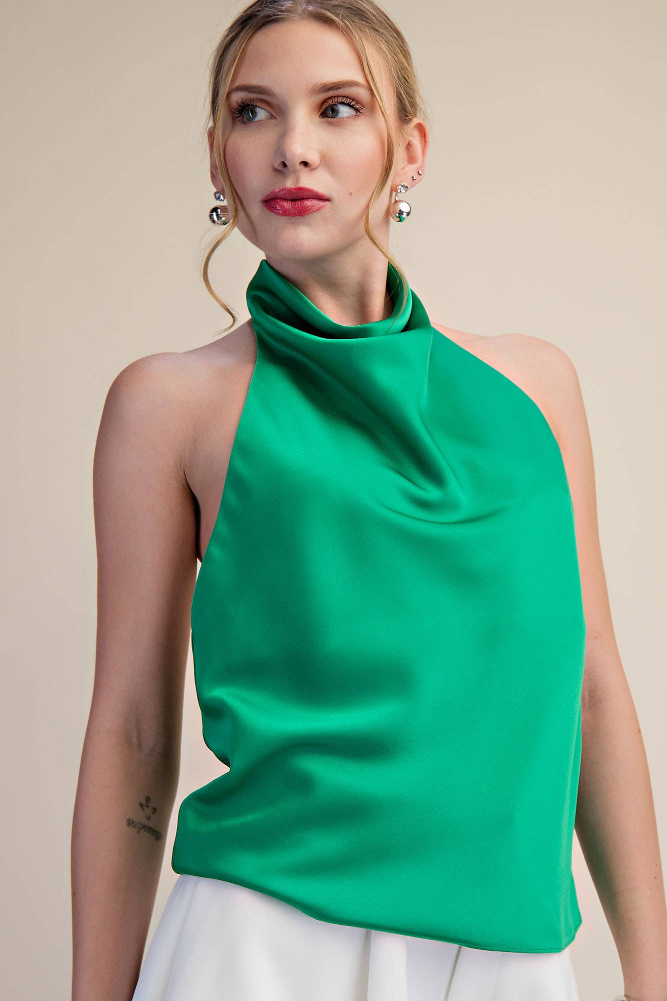 Halter Openback Neck Cowl Neck Sleeveless Satin Top
: Black / M