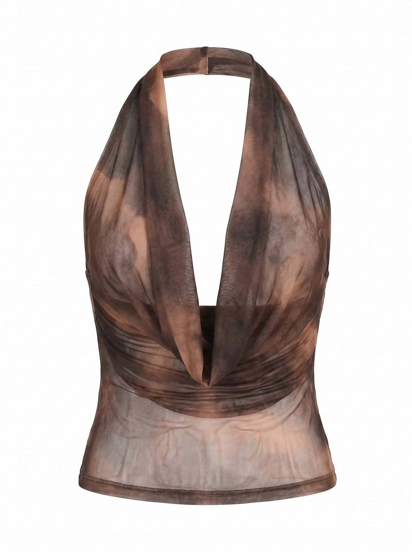 SHEER DRAPED HALTER PLUNGE TOP: BROWN / S-M-L(2-2-2)
