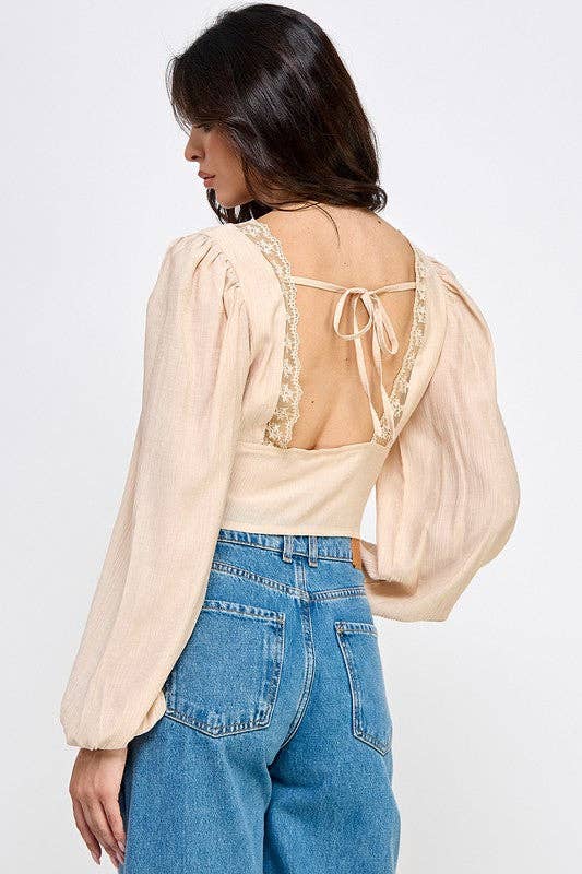 T5333 V-Neck Lace-Trim Puff Sleeve Blouse: BEIGE / S-M-L/2-2-2