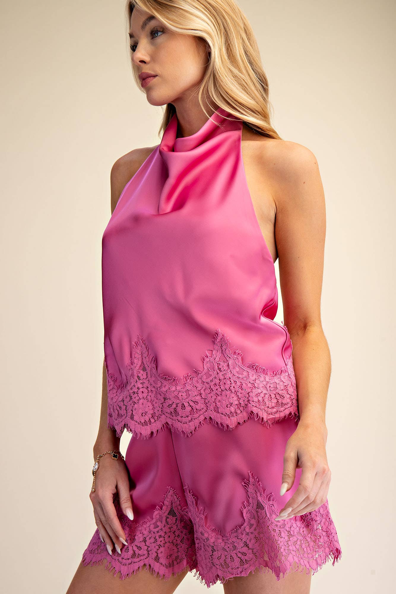 Satin Halter Neck Open Back Lace Trim Top: Navy / S