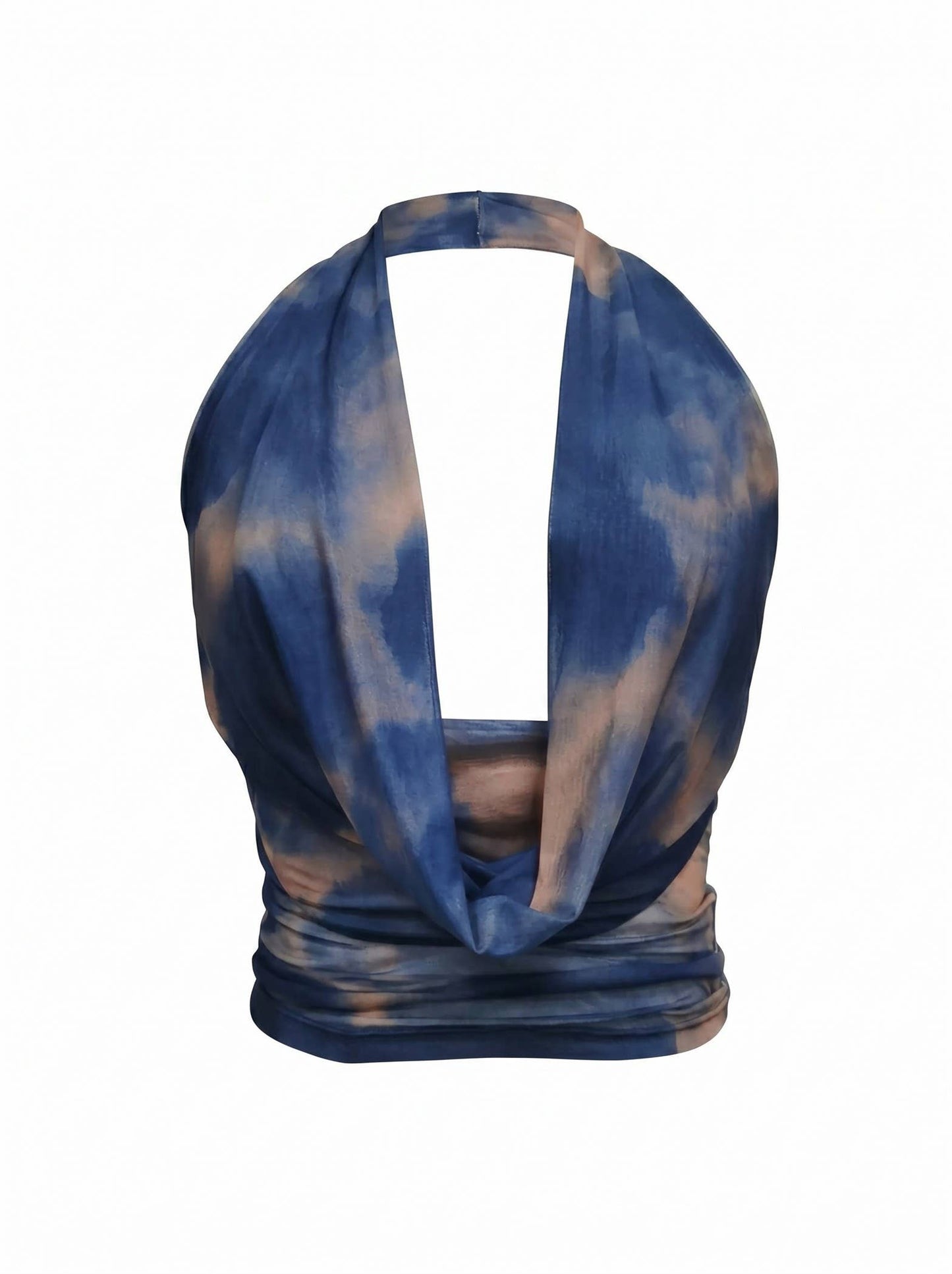 SHEER DRAPED HALTER PLUNGE TOP: BROWN / S-M-L(2-2-2)