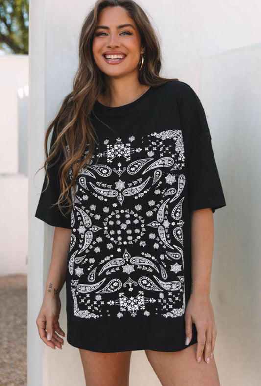 Black Paisley Print Crew Neck T-shirt Dress