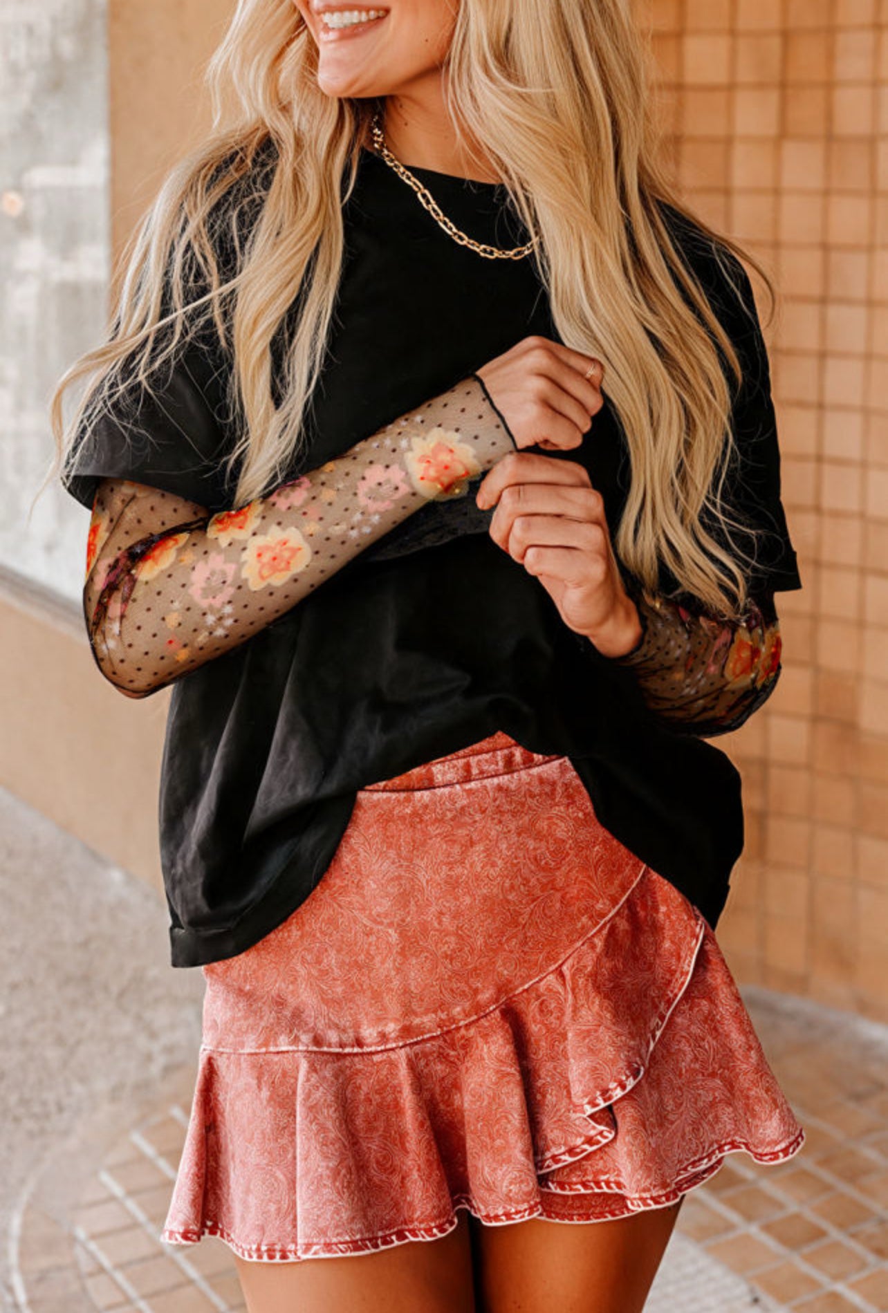 Black Faux 2 piece Floral LSBWomen T-shirt Black