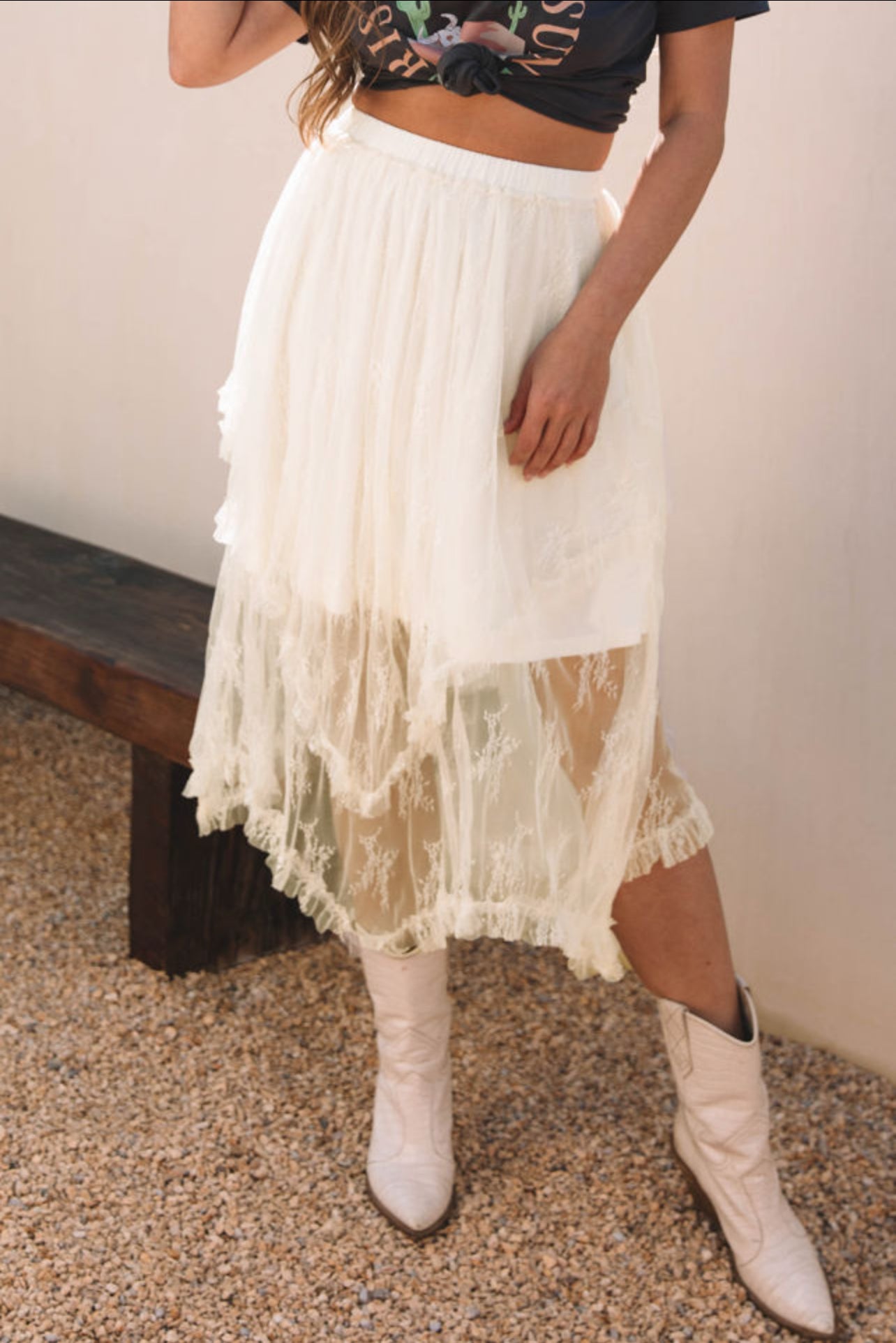 Beige Lace Cascading Flowy Skirt