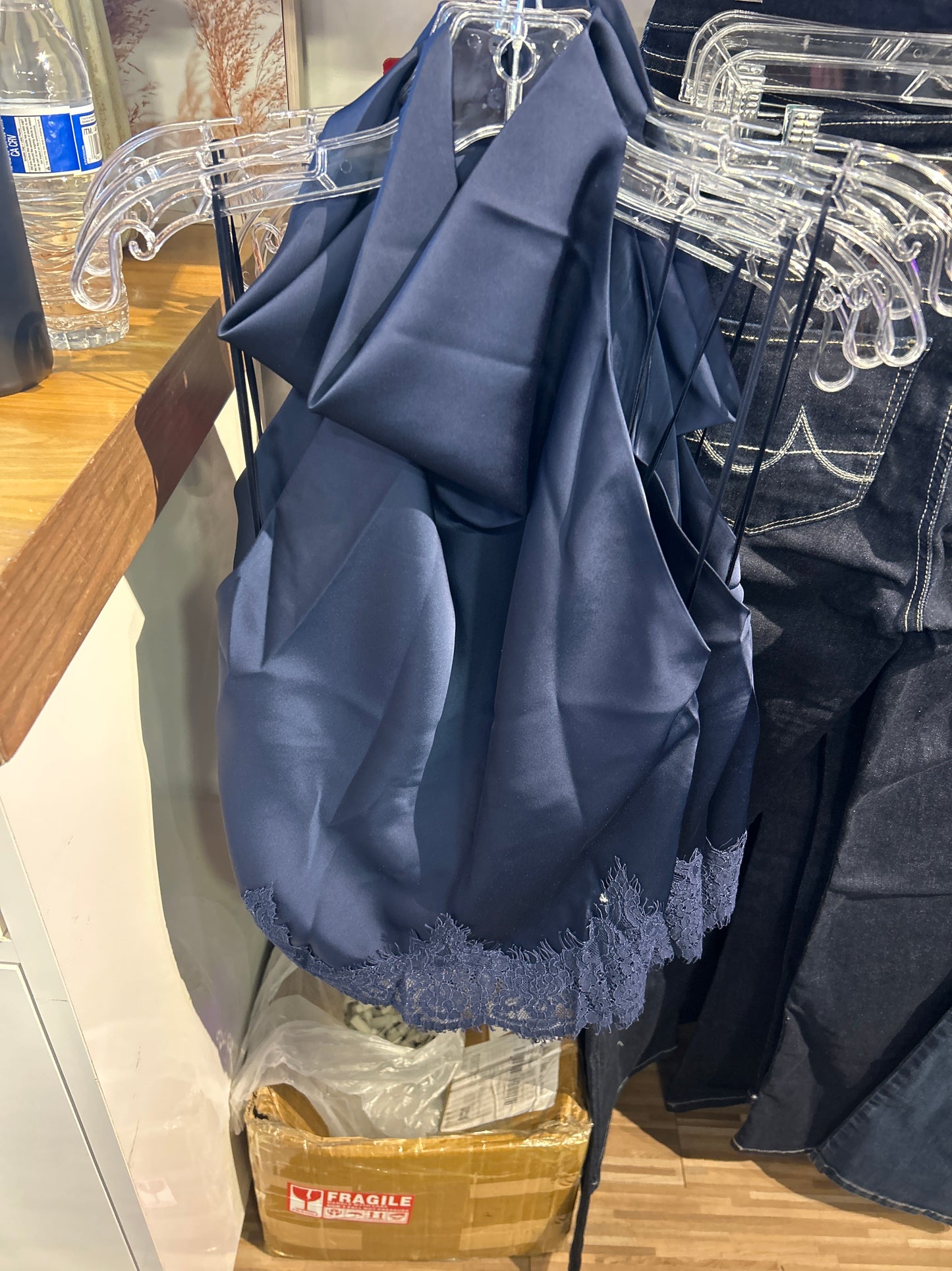 Navy Satin Cowl Neck Lace Top
