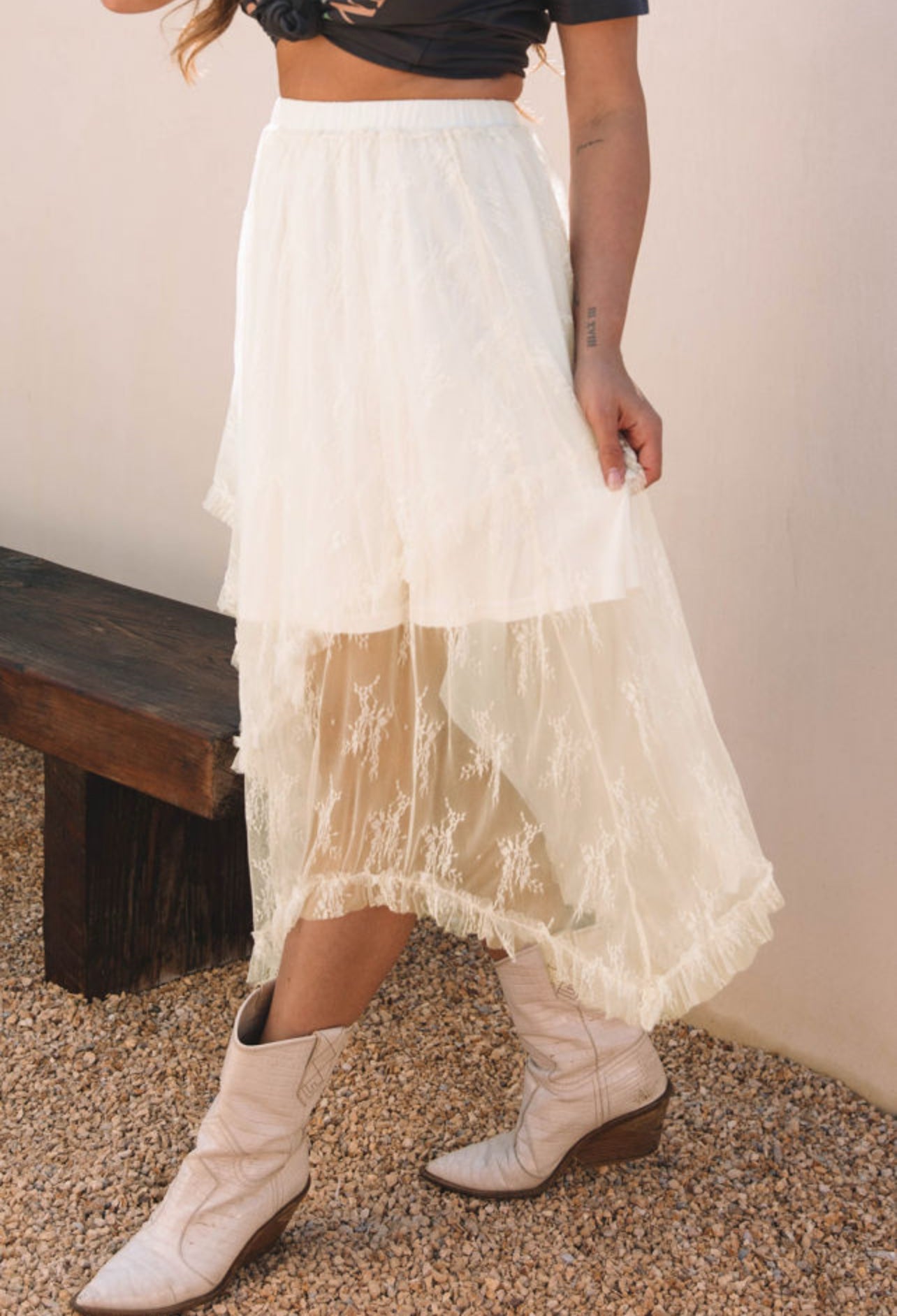 Beige Lace Cascading Flowy Skirt