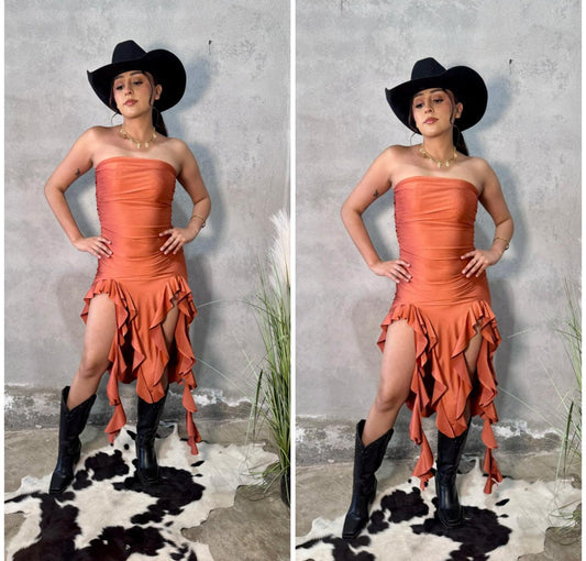 strapless ruffle dress (burnt orange)