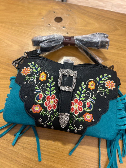 Fringe purse flowers turquoise