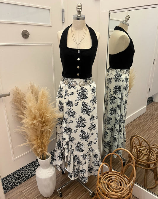 Boho Floral High Waist Ruffle Slit Skirt (Black)