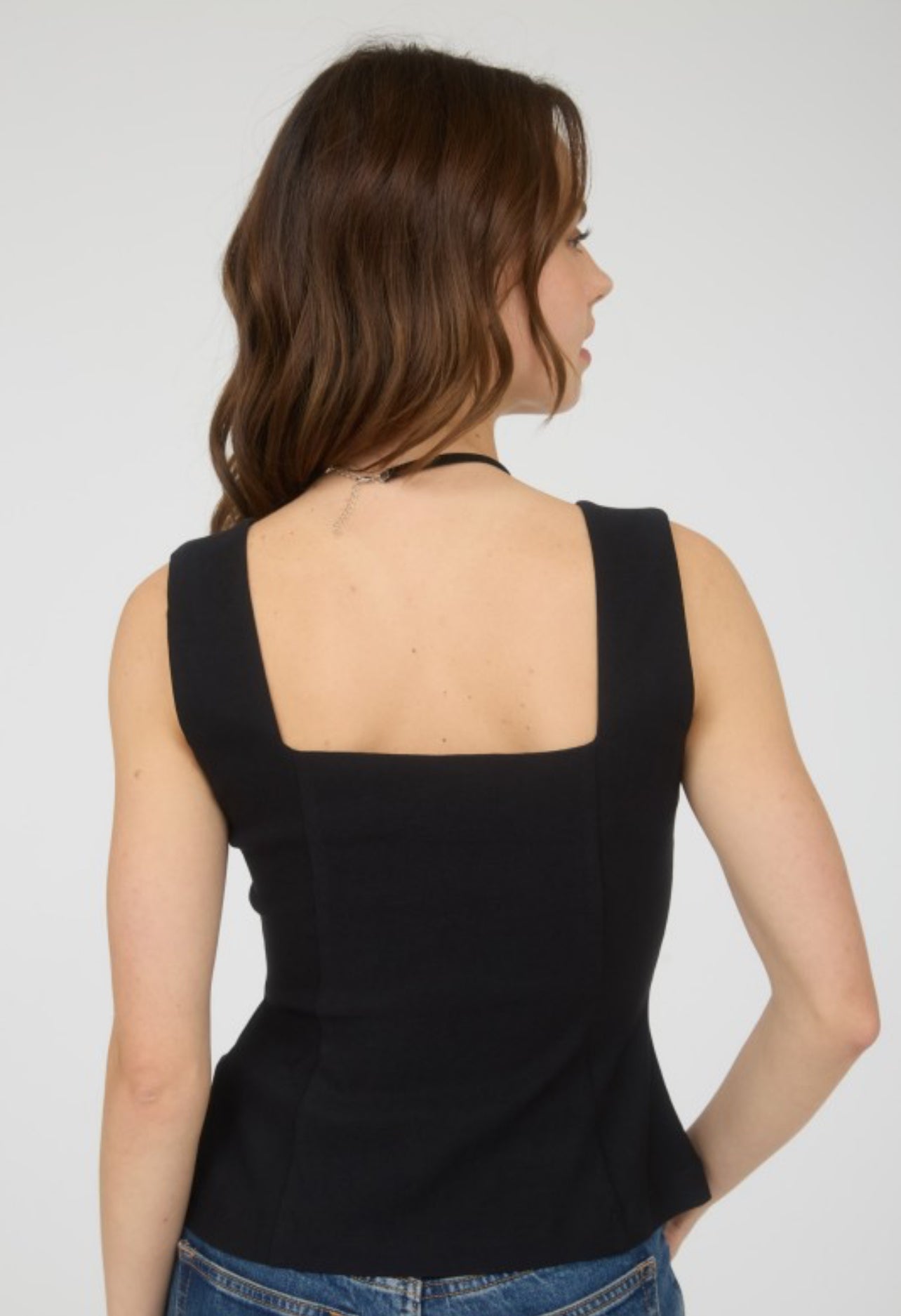 Zip-up Square Neck Sleeveless Blouse (black)