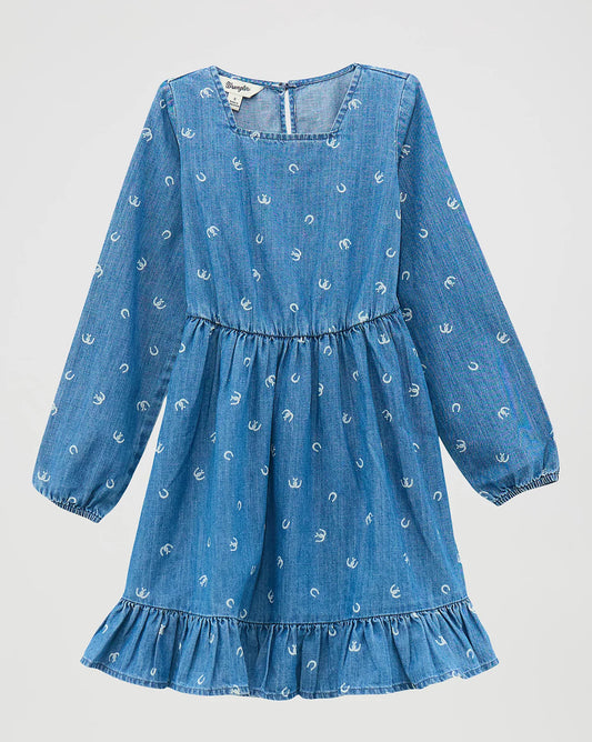 GIRL'S LONG SLEEVE RUFFLE HEM DENIM DRESS