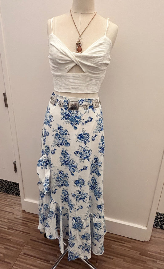 Sky Blue Boho Floral High Waist Ruffle Split Maxi Skirt