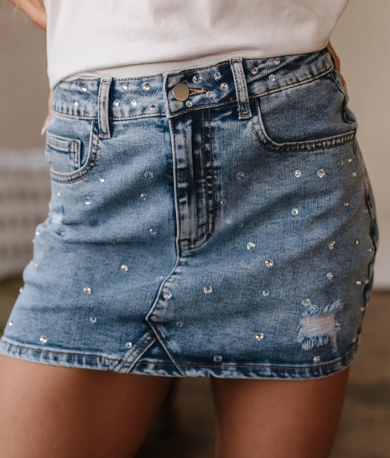 Dusk Blue Rhinestone Distressed Denim High Waist Mini Skirt