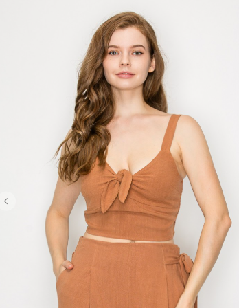 Front Tie Smocking Crop Top - Cinnamon