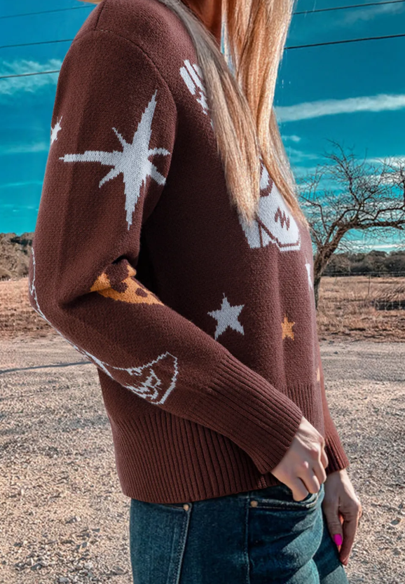 Brown Cowgirl Fashion Print Casual Sweater