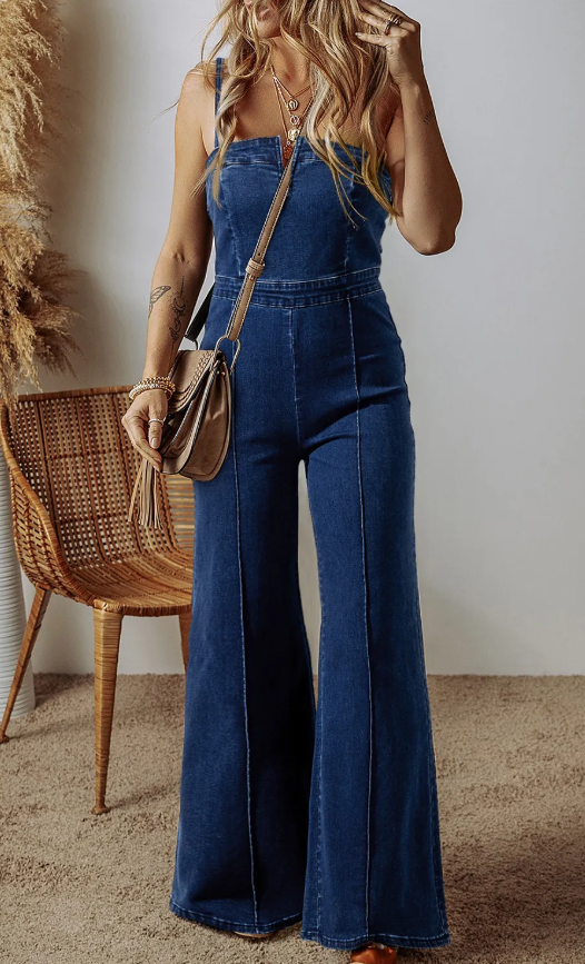Sail Blue Seamed Zipper Spaghetti Strap High Waist Flared Jumpsuit