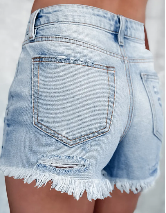 Light Blue Distressed Ripped Raw Hem High Waist Denim Shorts