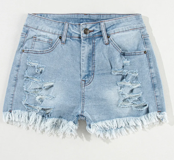 Light Blue Distressed Ripped Raw Hem High Waist Denim Shorts
