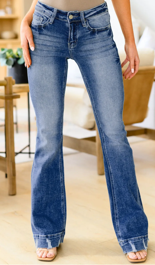 Sky Blue Slight Distressed Medium Wash Flare Jeans