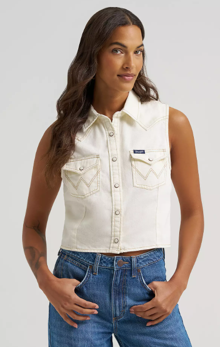 Wrangler Retro Punchy Sleeveless Denim Snap Shirt - White - 112379493