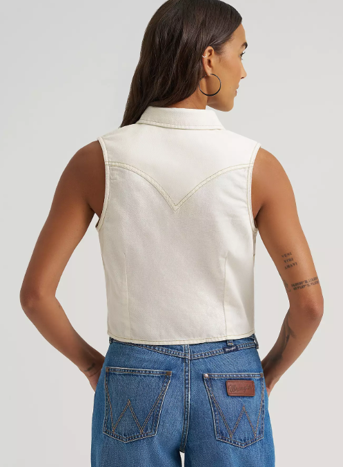 Wrangler Retro Punchy Sleeveless Denim Snap Shirt - White - 112379493