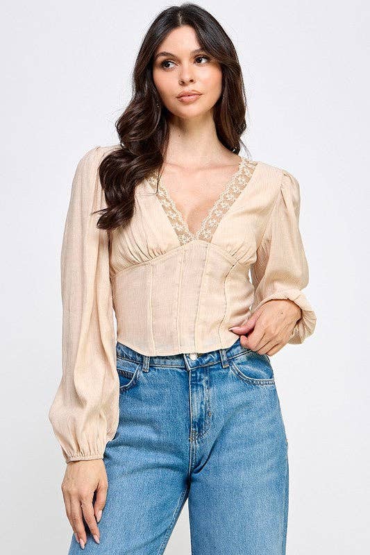 V-Neck Lace-Trim Puff Sleeve Blouse: BLACK / S-M-L/2-2-2