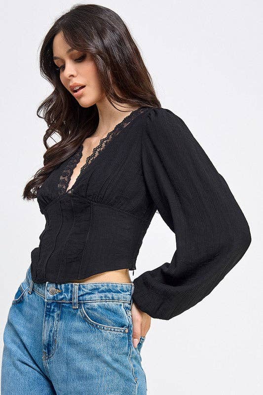 V-Neck Lace-Trim Puff Sleeve Blouse: BLACK / S-M-L/2-2-2