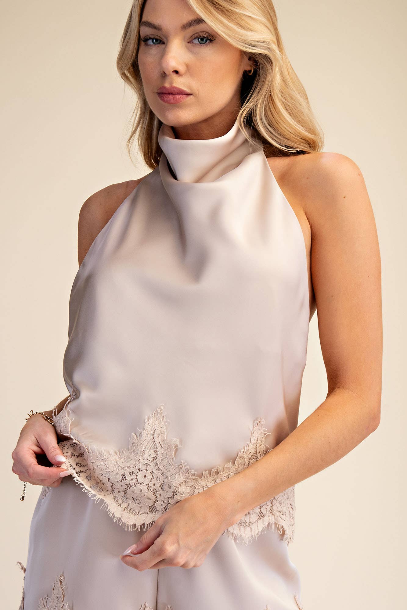 Satin Halter Neck Open Back Lace Trim Top: Almond / M