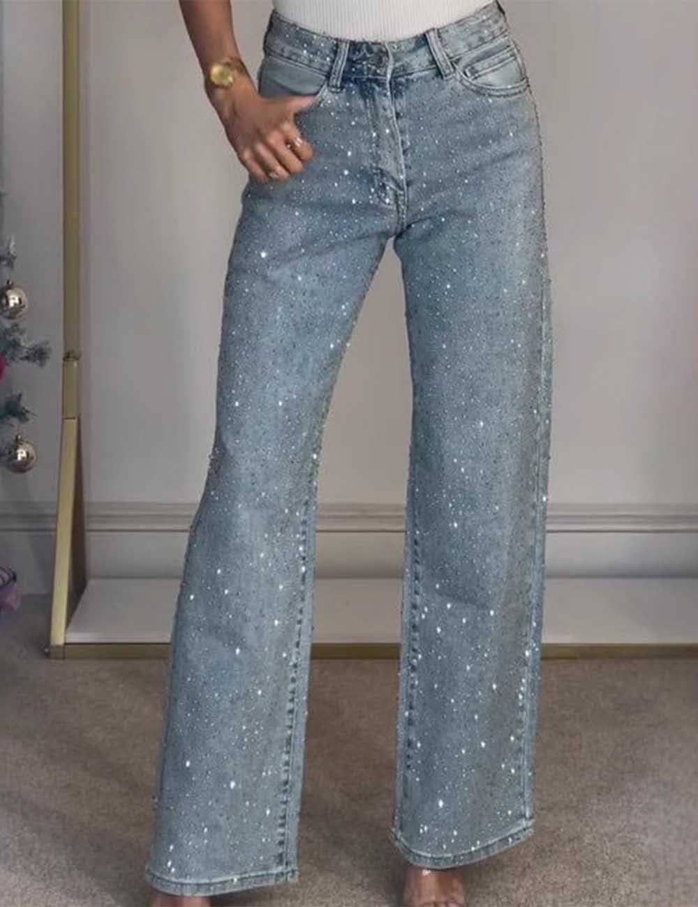 Ladies Rhinestone Button Pocket Straight Denim Pants: Denim Blue