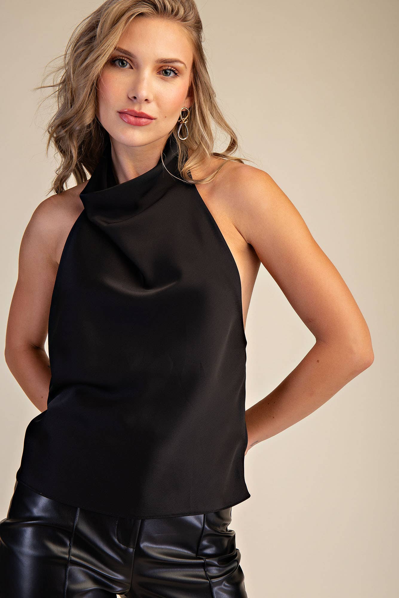 Halter Openback Neck Cowl Neck Sleeveless Satin Top
: Black / S