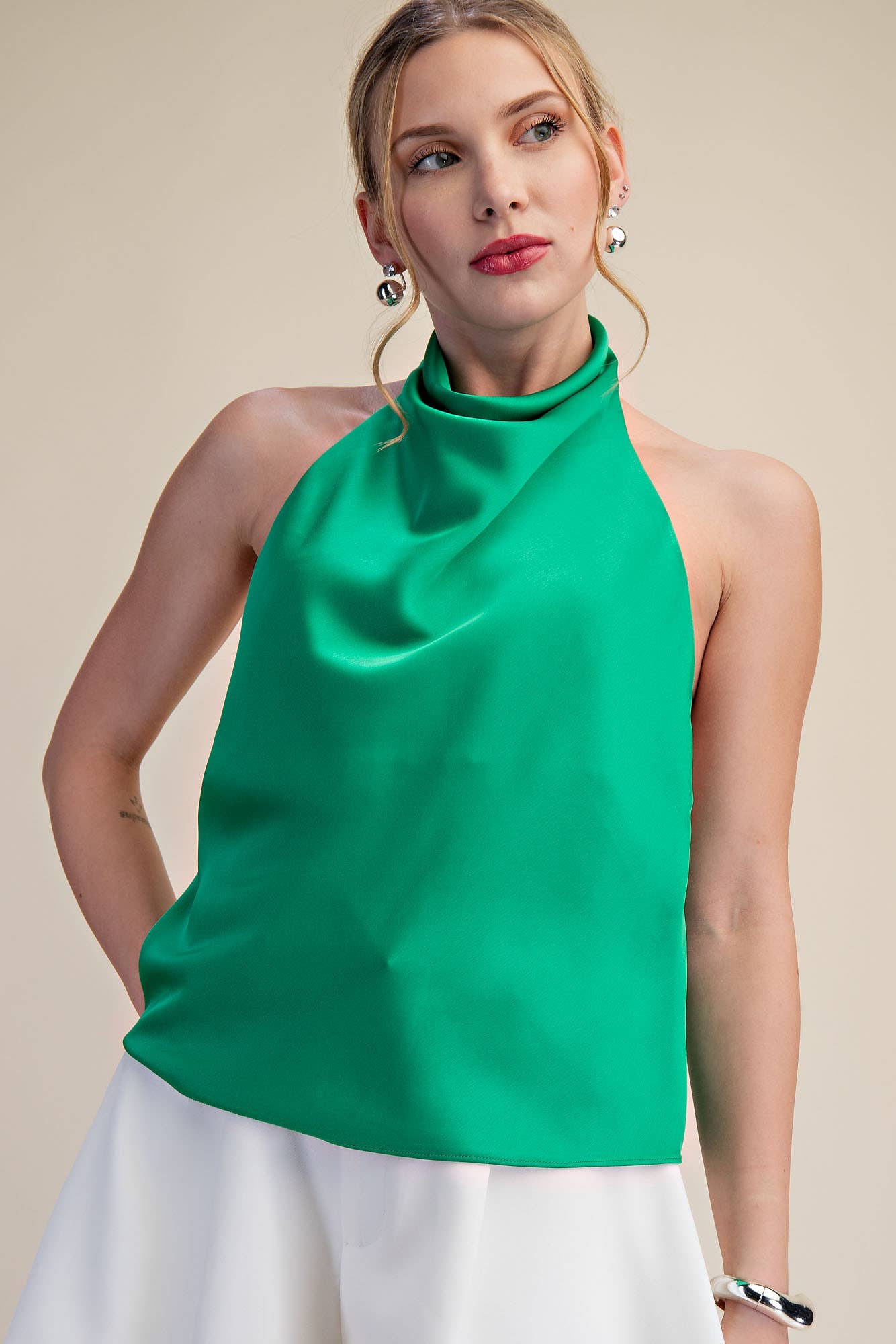 Halter Openback Neck Cowl Neck Sleeveless Satin Top
: Black / S