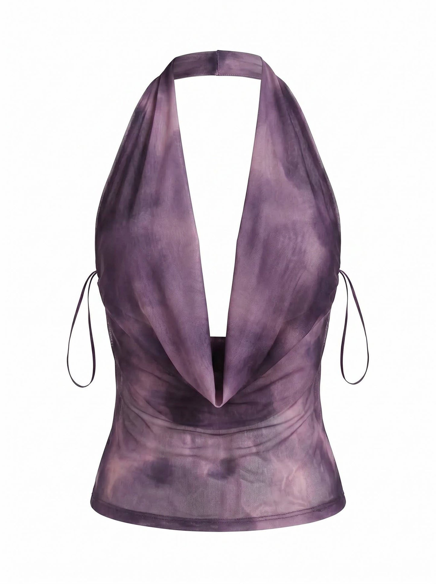 SHEER DRAPED HALTER PLUNGE TOP: PURPLE / S-M-L(2-2-2)