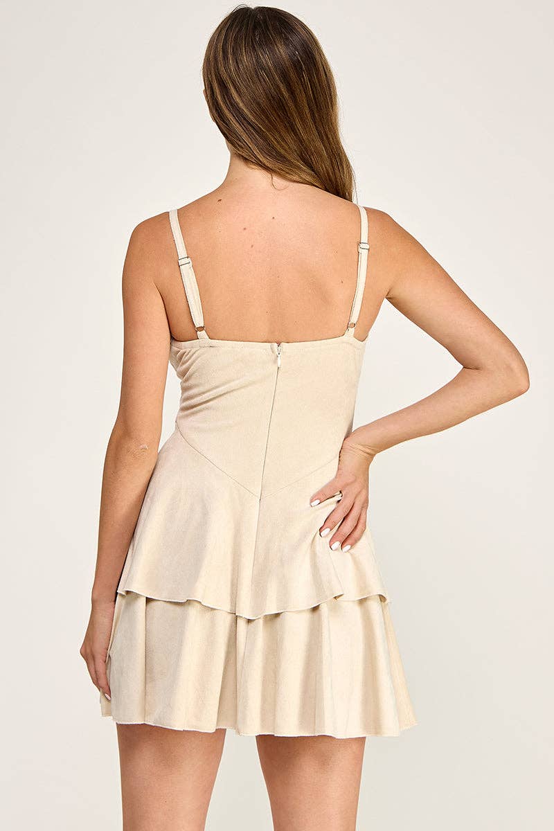 D5694 Studded Lace Up Tiered Mini Dress: BEIGE / S-M-L/2-2-2