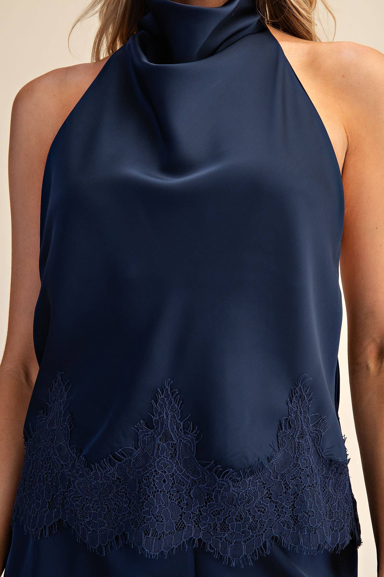 Satin Halter Neck Open Back Lace Trim Top: Navy / S