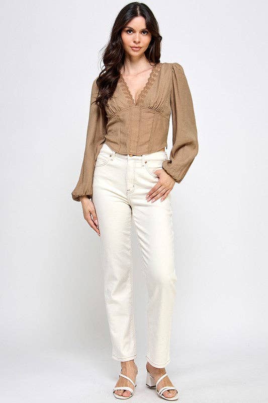 T5333 V-Neck Lace-Trim Puff Sleeve Blouse: BEIGE / S-M-L/2-2-2
