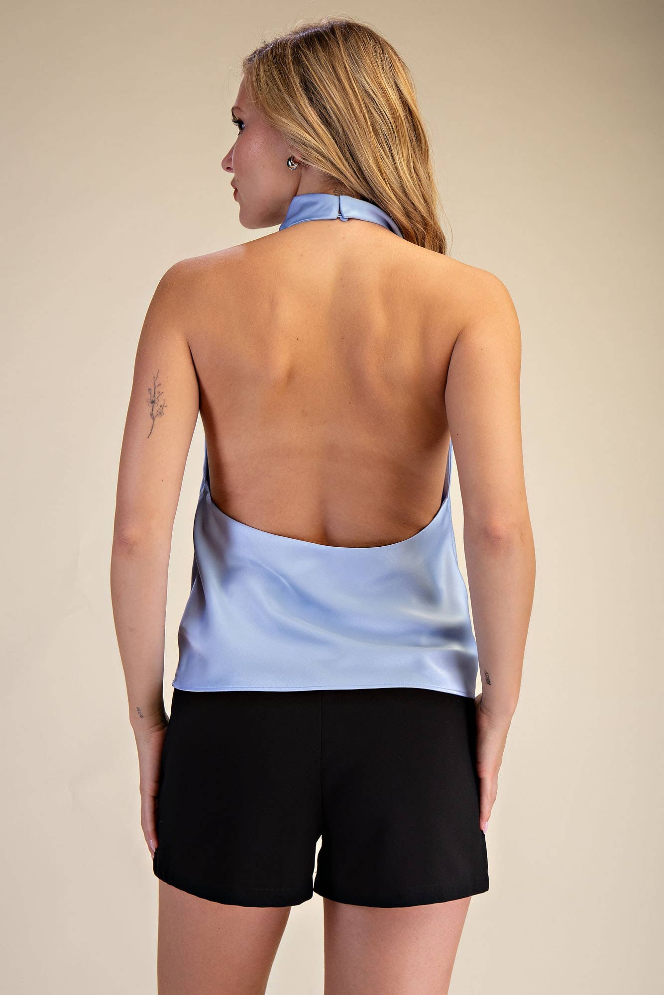 Halter Openback Neck Cowl Neck Sleeveless Satin Top
: Black / L