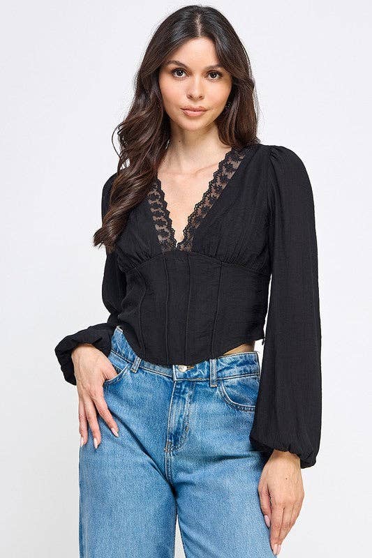 T5333 V-Neck Lace-Trim Puff Sleeve Blouse: BEIGE / S-M-L/2-2-2